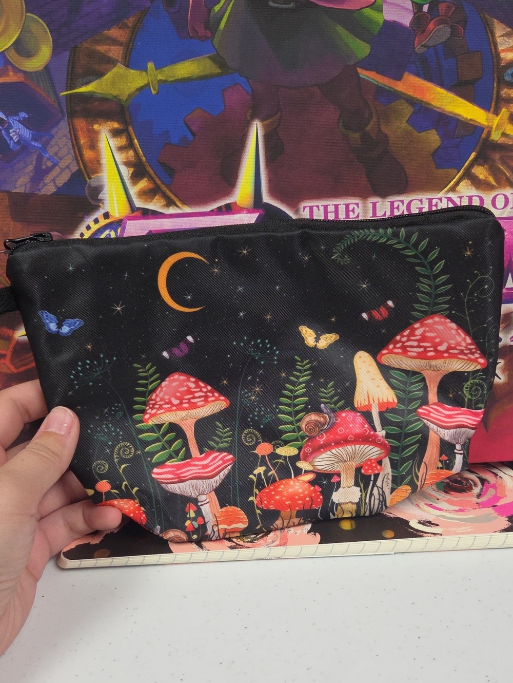 Kids Mushroom Print Zipper Pouch - Black